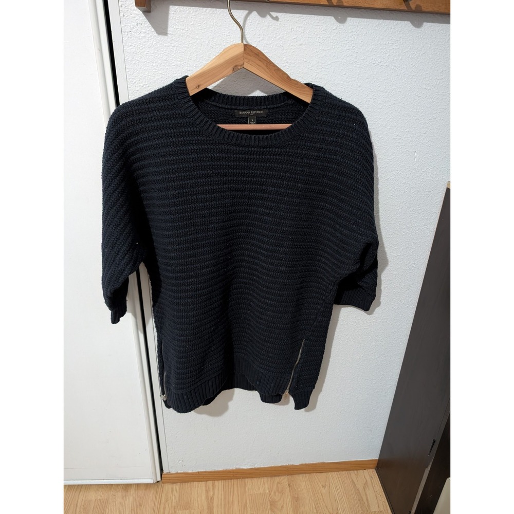 Banana Republic Long Sweater Womens S Black Chunky Ribbed Side Zipper 3/4 Sleeve